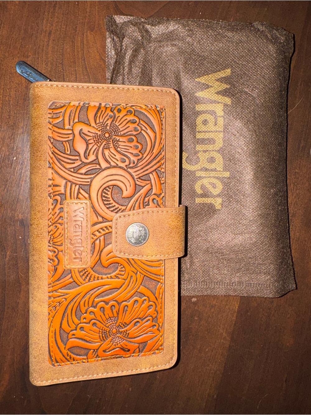 Wrangler Brown Floral Tooled Wallet with Snap Accent - Picture 7 of 8